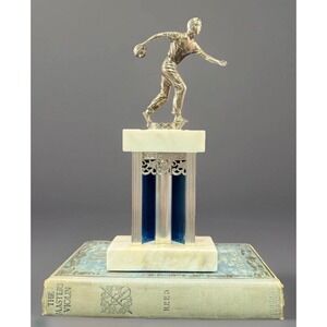 Vintage Bowling Trophy Marble with Blue Lucite Column Sculpture MCM Decor 12"